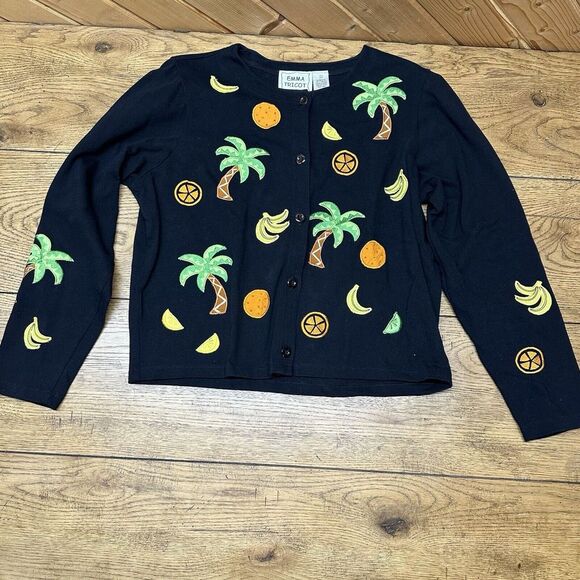 Sweaters - Vintage 80s Emma Tricot Embroidered Palm Trees Fruit Black‎ Cardigan Small
